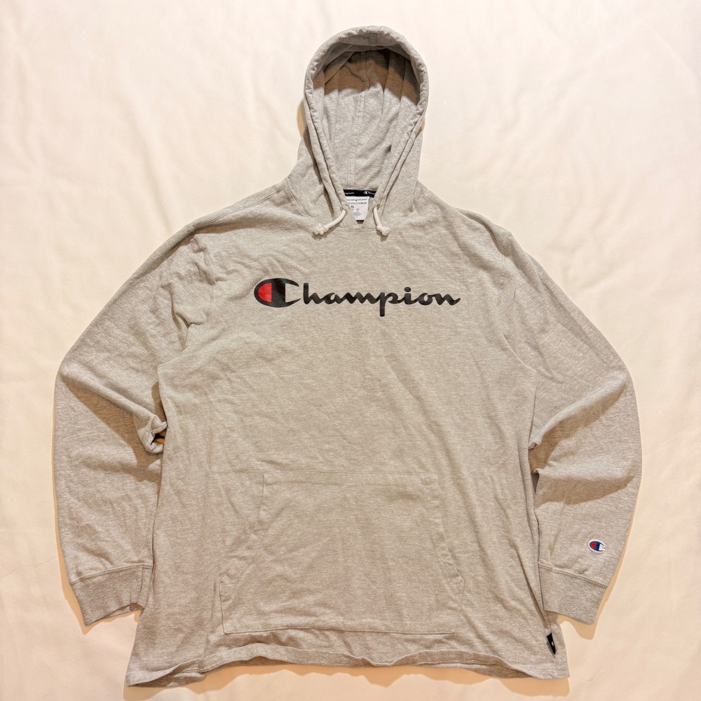 Champion Hooded T-Shirt Mens XL Gray Script Logo Long Sleeve Lightweight Hoodie